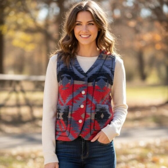 Karen Kane Vest Vintage Wool Blend Southwestern Aztec Western Buffalo Nickle M - Picture 1 of 10